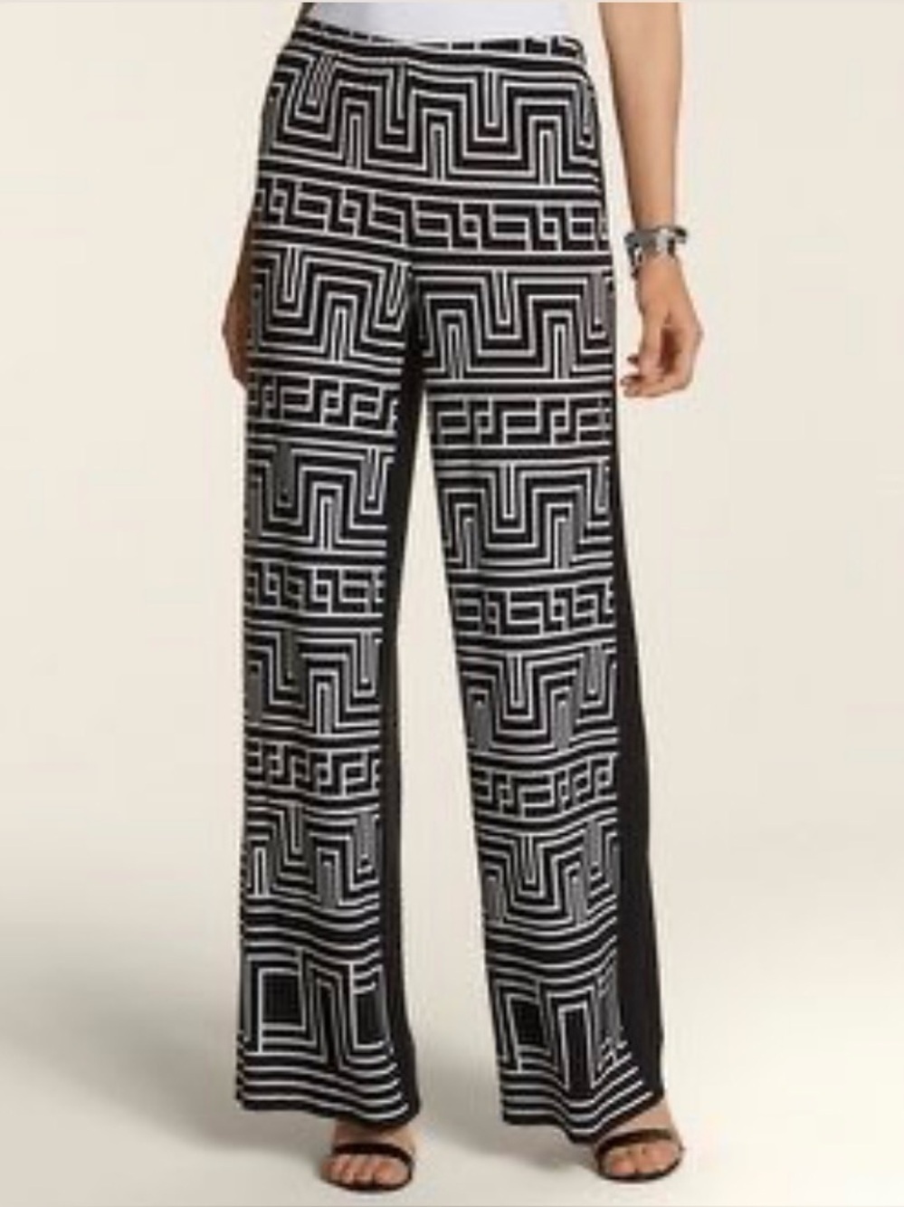 Chico's Geometric Greek Key Wide Leg Palazzo Pants Black White Size 8 Vacation